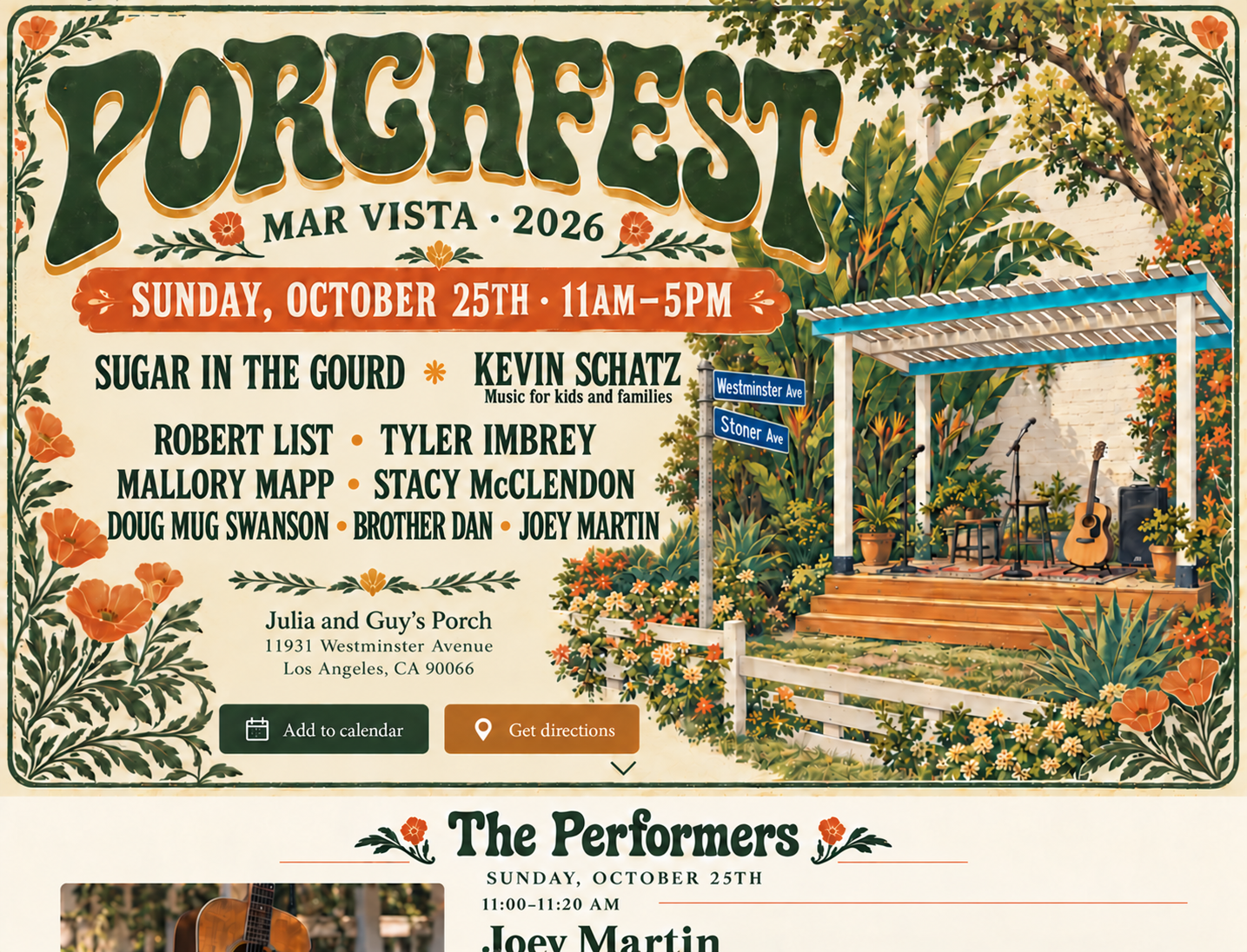 Porchfest Mar Vista 2026 festival artwork. Nine local acts appear beside a garden stage with a white and turquoise pergola. Kevin Schatz performs music for kids and families. Event details and the full schedule follow below.