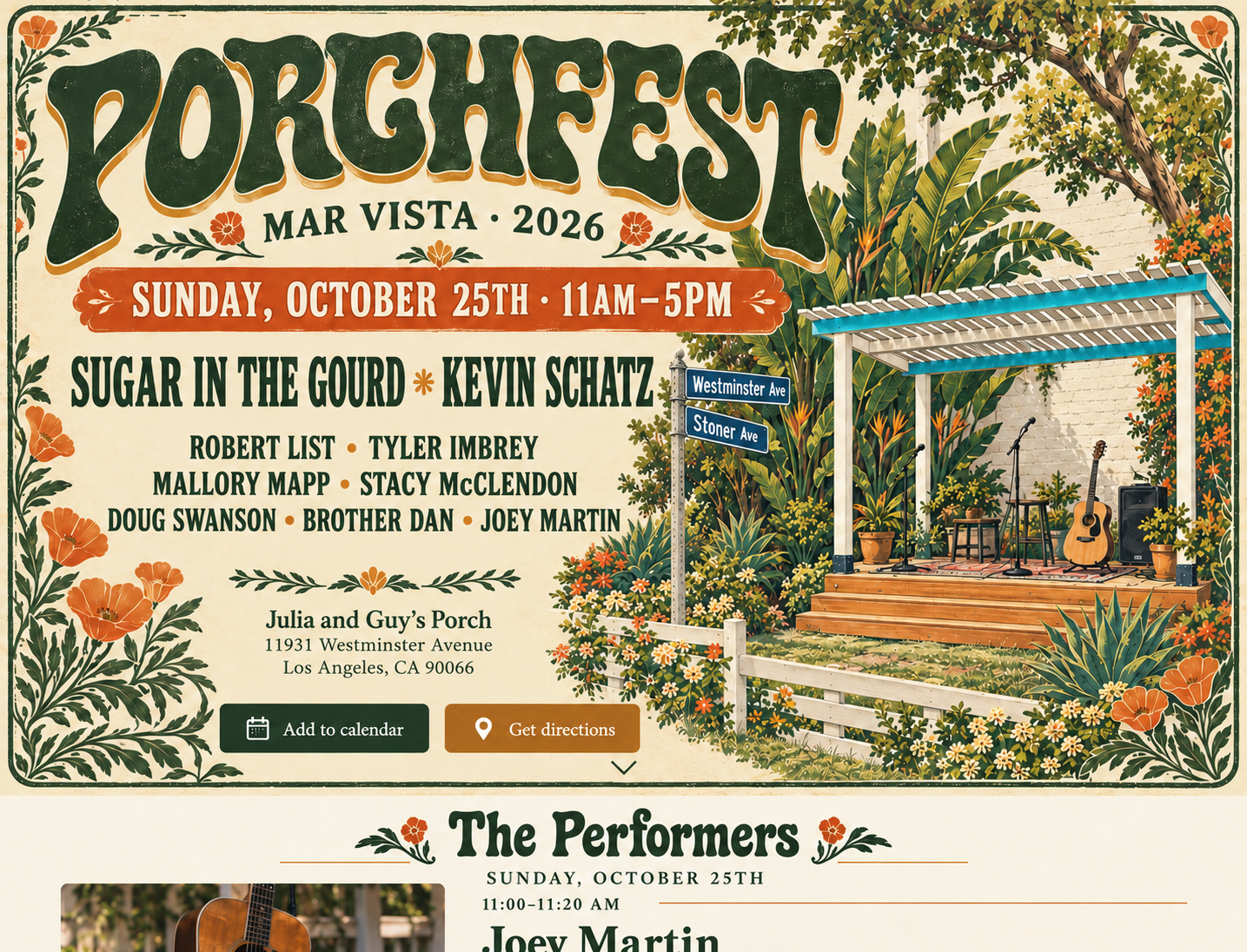 Porchfest Mar Vista 2026 festival artwork. Sugar in the Gourd and Kevin Schatz lead the lineup, above a garden stage with a white and turquoise pergola. Event details and the full schedule follow below.